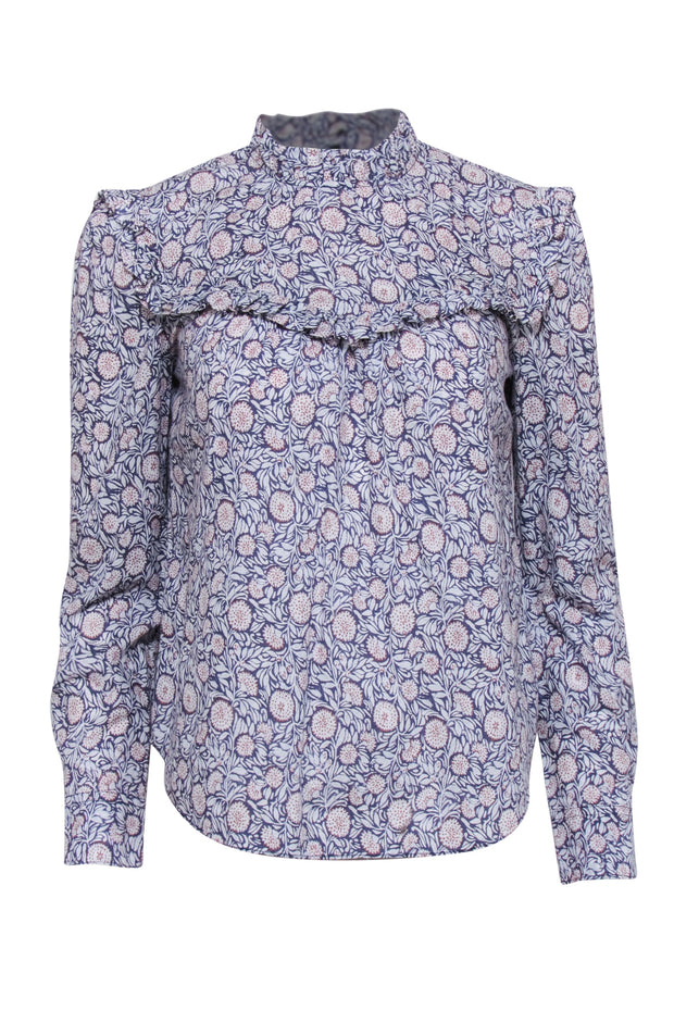 Current Boutique-Rebecca Taylor - Navy & Whit Floral Print Long Sleeve Top Sz XS