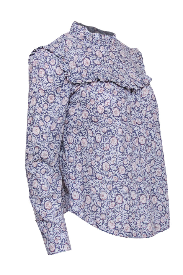 Current Boutique-Rebecca Taylor - Navy & Whit Floral Print Long Sleeve Top Sz XS