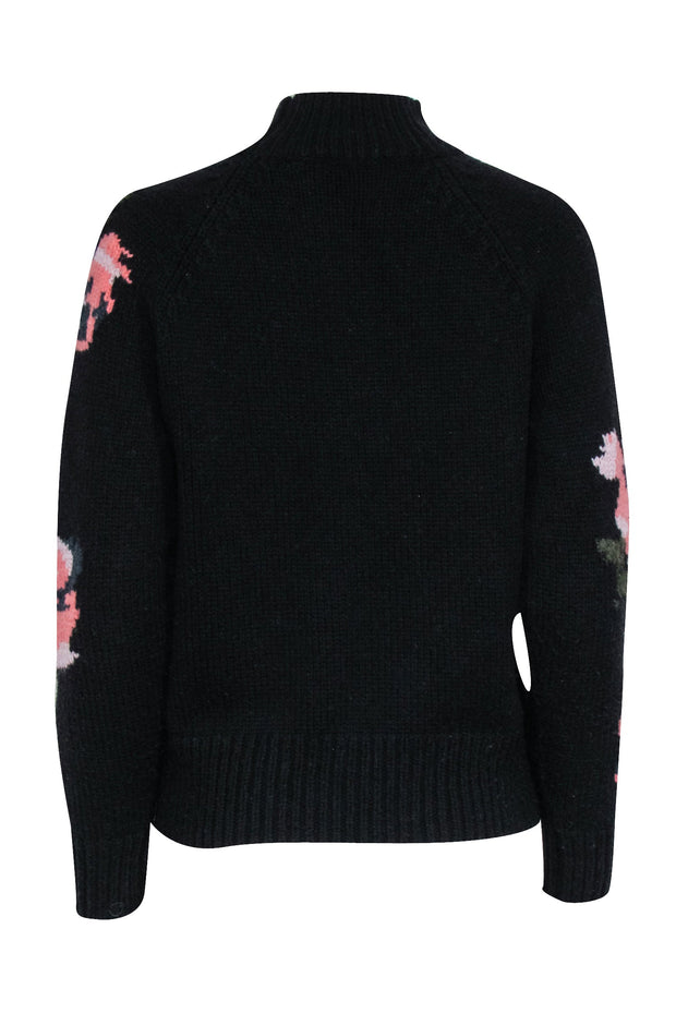 Current Boutique-Rebecca Taylor - Black Wool Blend Mockneck Sweater w/ Floral Pattern Sz S