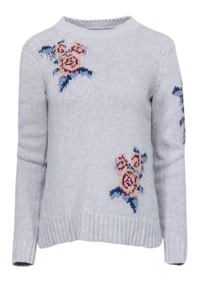Current Boutique-Rebecca Taylor - Grey Wool Blend Sweater w/ Floral Print Detail Sz S