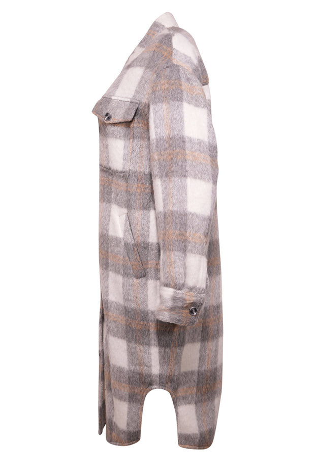 Current Boutique-Reformation - Grey, White & Beige Plaid Fuzzy Coat Sz S