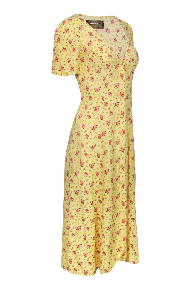 Current Boutique-Reformation - Yellow Floral Print Short Sleeve Midi Dress Sz 0