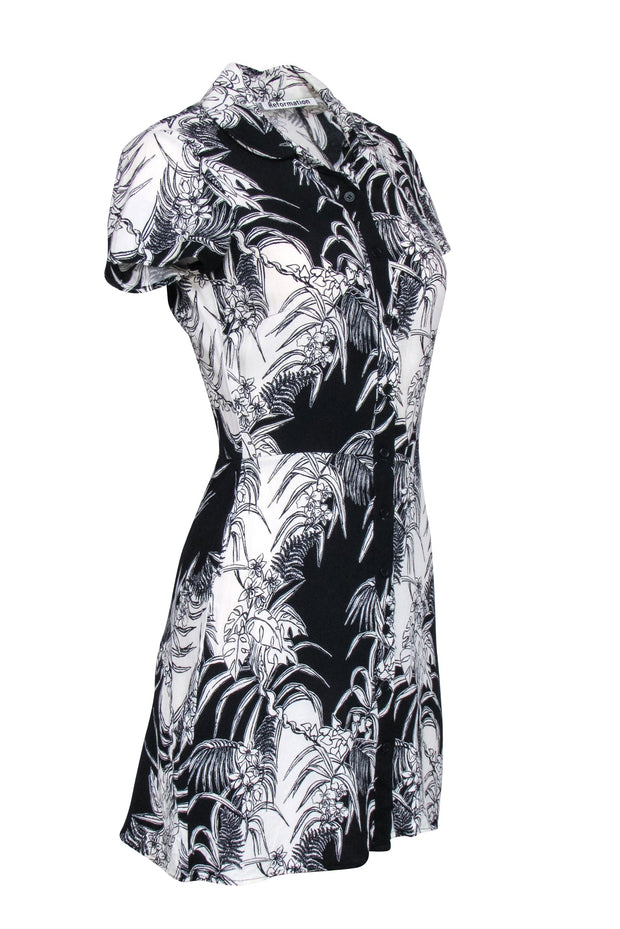 Current Boutique-Reformation - Black & Ivory Print Short Sleeve Button Front Shirt Dress Sz 2
