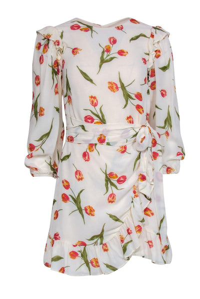 Current Boutique-Reformation - Ivory Floral Long Sleeve Mini Wrap Dress Sz 2