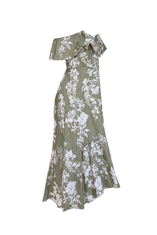 Current Boutique-Reformation - Green & White Floral Print Linen Off-the-Shoulder Dress Sz 8