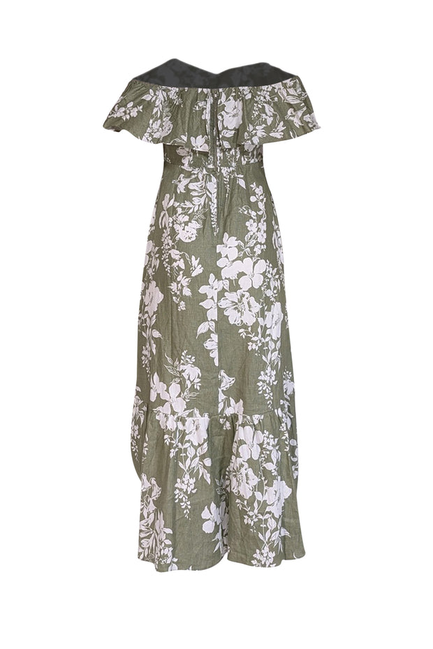 Current Boutique-Reformation - Green & White Floral Print Linen Off-the-Shoulder Dress Sz 8
