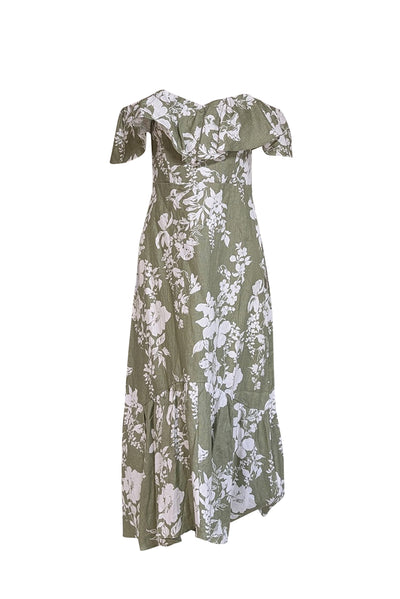 Current Boutique-Reformation - Green & White Floral Print Linen Off-the-Shoulder Dress Sz 8
