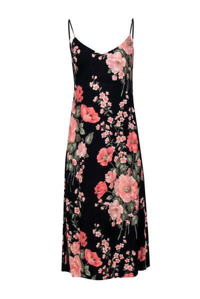 Current Boutique-Reformation - Black w/ Pink Floral Print Tie-Back Midi Dress Sz 6