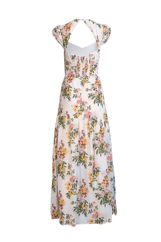 Reformation - Ivory w/ Yellow Floral Print Open Back Midi Dress Sz 4 - Current Boutique