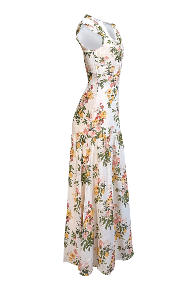 Reformation - Ivory w/ Yellow Floral Print Open Back Midi Dress Sz 4 - Current Boutique