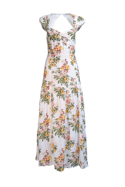 Reformation - Ivory w/ Yellow Floral Print Open Back Midi Dress Sz 4 - Current Boutique