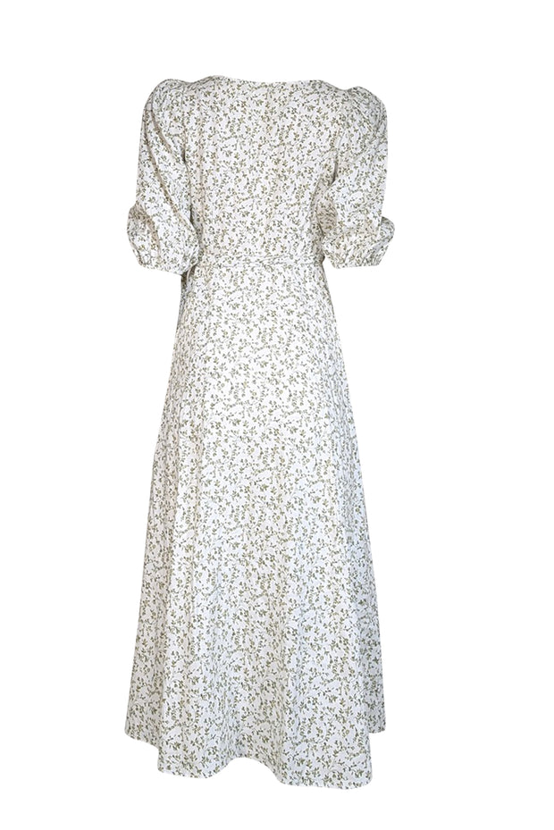 Current Boutique-Reformation - Ivory & Green Floral Print Linen Wrap Dress Sz XS