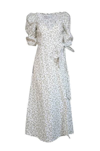 Current Boutique-Reformation - Ivory & Green Floral Print Linen Wrap Dress Sz XS