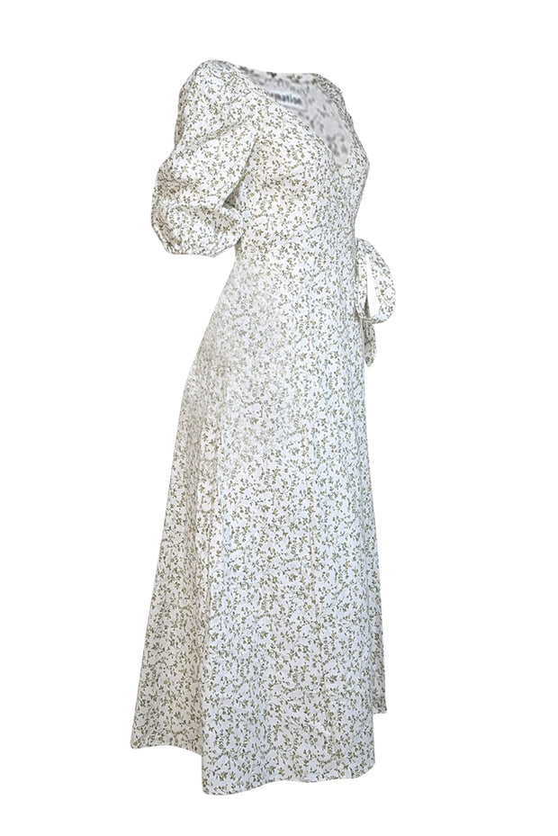 Current Boutique-Reformation - Ivory & Green Floral Print Linen Wrap Dress Sz XS