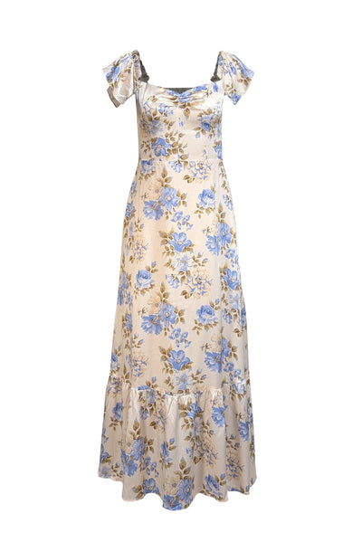 Reformation - Ivory w/ Blue & Green Floral Print Silk Midi Dress Sz 4 - Current Boutique