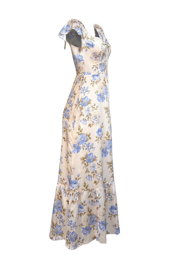 Reformation - Ivory w/ Blue & Green Floral Print Silk Midi Dress Sz 4 - Current Boutique