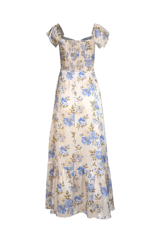 Reformation - Ivory w/ Blue & Green Floral Print Silk Midi Dress Sz 4 - Current Boutique