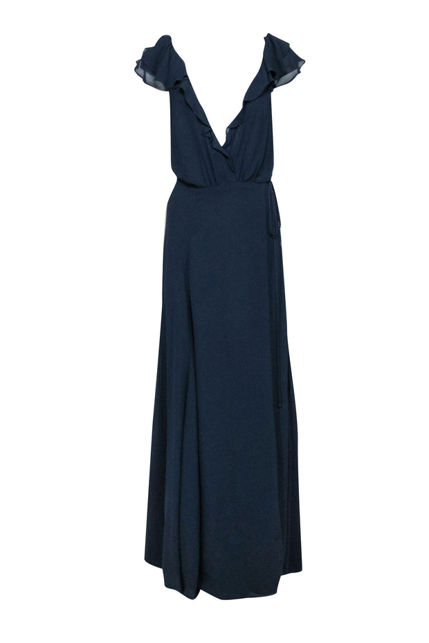 Current Boutique-Reformation - Navy Flutter Cap Sleeve Wrap Formal Dress Sz M