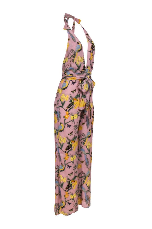 Current Boutique-Reformation - Dusty Pink Halter Jumpsuit w/ Tropical Print Sz 4