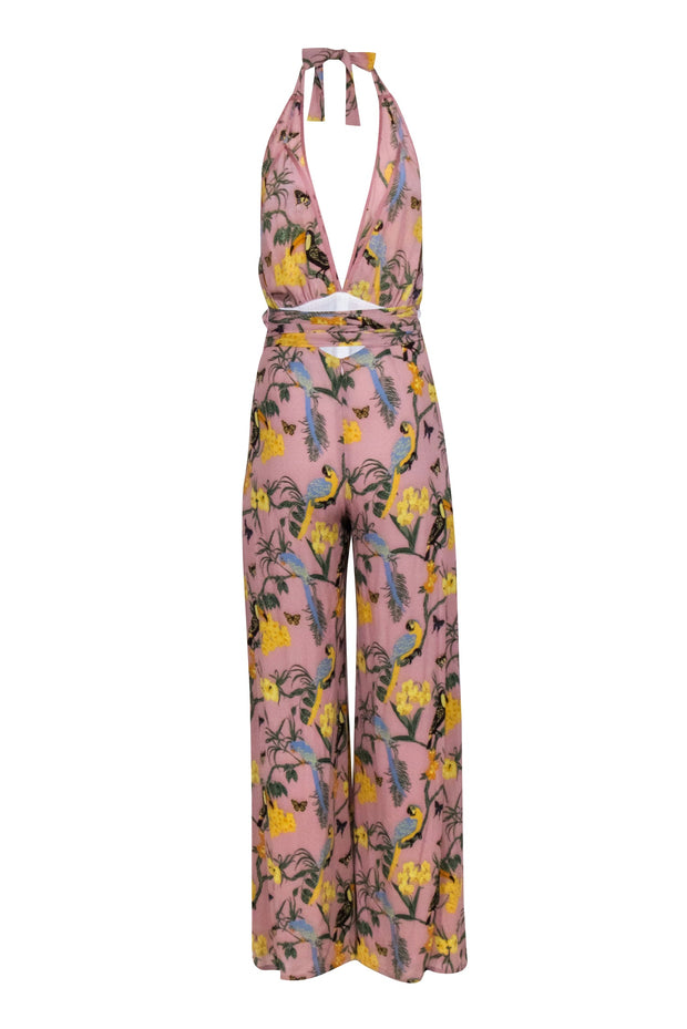 Current Boutique-Reformation - Dusty Pink Halter Jumpsuit w/ Tropical Print Sz 4