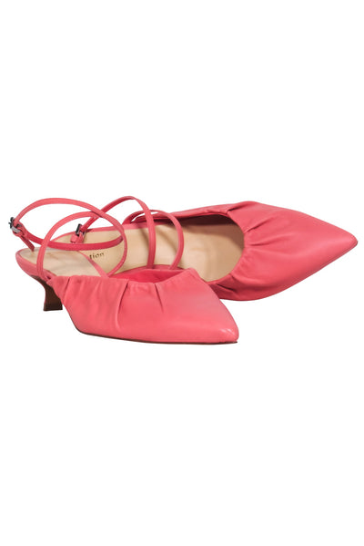 Current Boutique-Reformation - Coral Pink Leather Pointed Toe Kitten Strappy Heels Sz 7.5