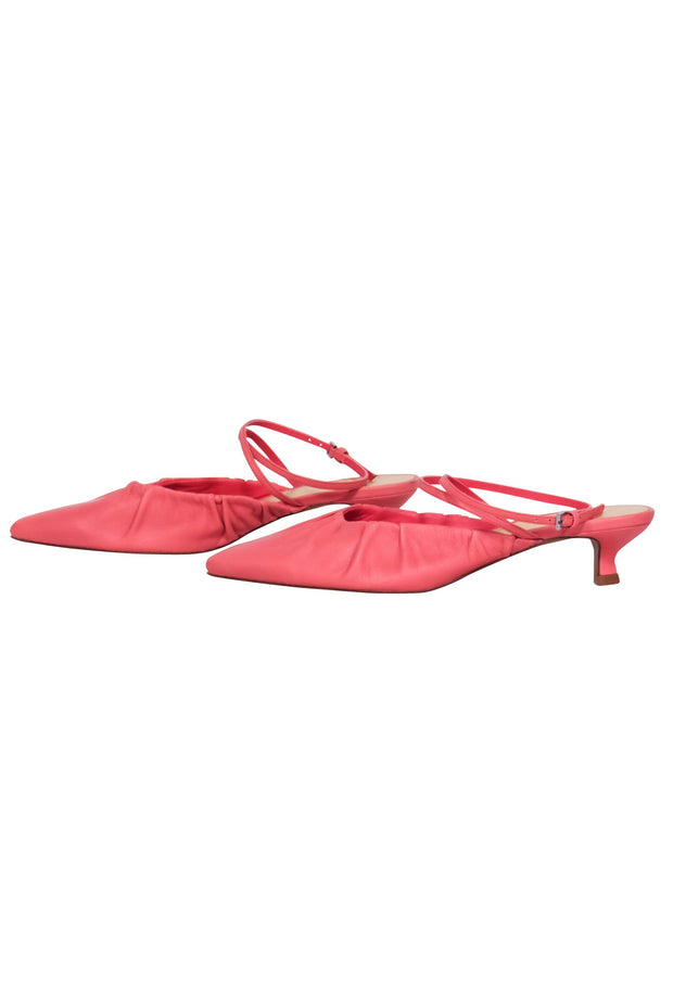 Current Boutique-Reformation - Coral Pink Leather Pointed Toe Kitten Strappy Heels Sz 7.5