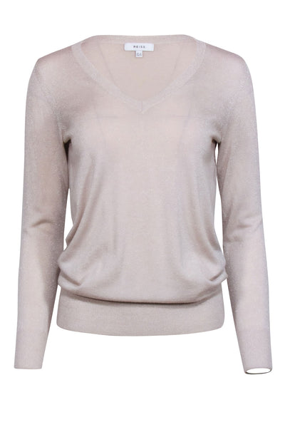 Current Boutique-Reiss - Beige Metallic Wool Blend V-neck Sweater Sz 2