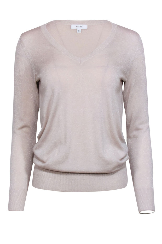 Current Boutique-Reiss - Beige Metallic Wool Blend V-neck Sweater Sz 2