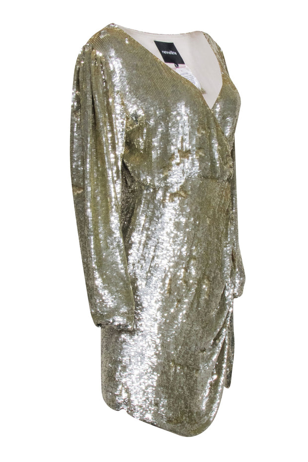 Current Boutique-Retrofete - Gold Sequin Wrap Bodice "Stacey" Dress Sz L