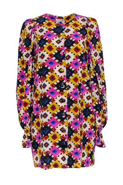Current Boutique-Rhode - Beige, Purple, Blue, & Yellow Abstract Print Button-Up Dress Sz M