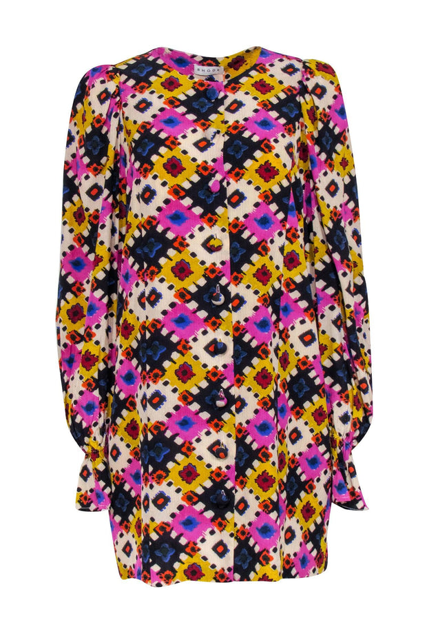 Current Boutique-Rhode - Beige, Purple, Blue, & Yellow Abstract Print Button-Up Dress Sz M