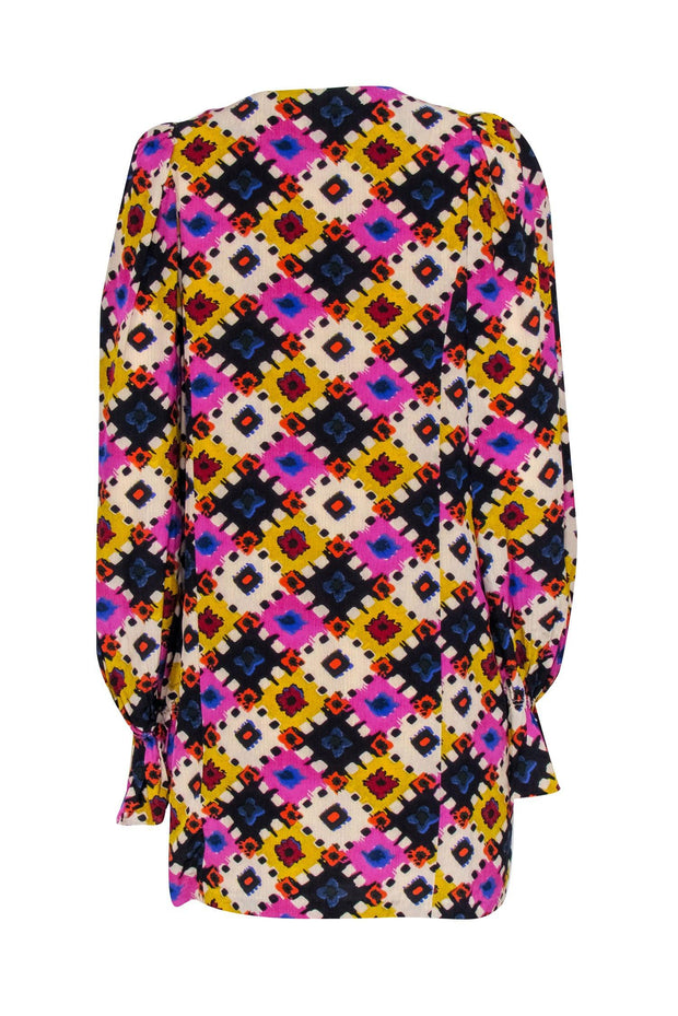 Current Boutique-Rhode - Beige, Purple, Blue, & Yellow Abstract Print Button-Up Dress Sz M