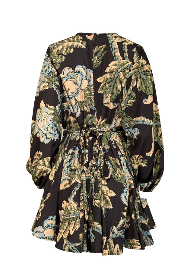 Current Boutique-Rhode - Black w/ Pale Yellow & Green Floral Print Long Sleeve Mini Dress Sz S