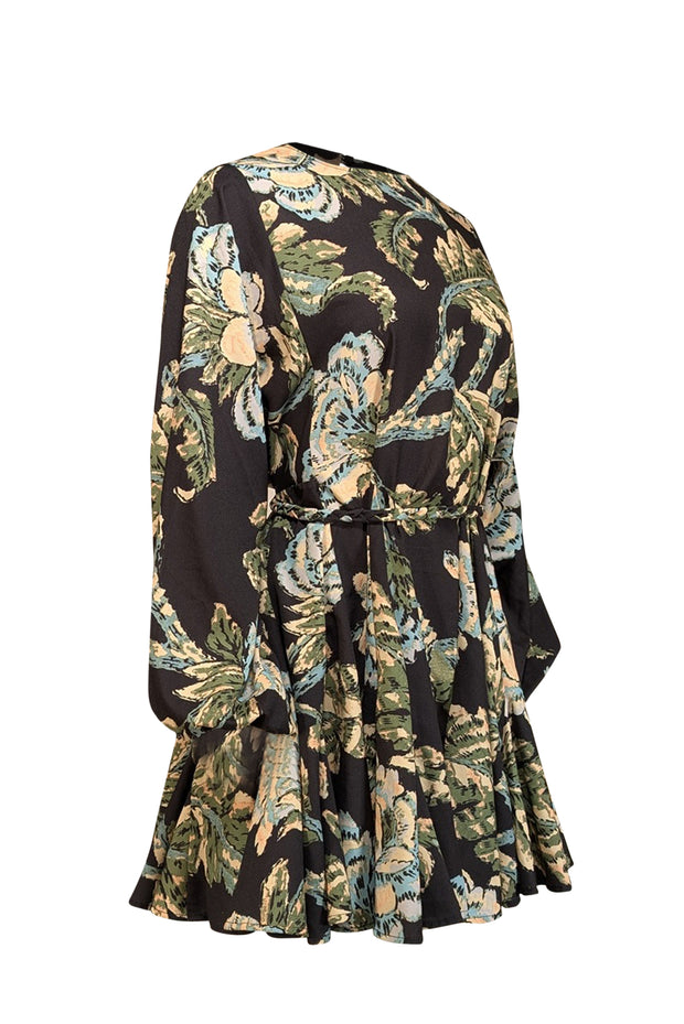 Current Boutique-Rhode - Black w/ Pale Yellow & Green Floral Print Long Sleeve Mini Dress Sz S
