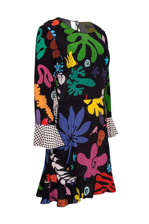 Current Boutique-RIXO - Black & Multi Color Graphic Print Silk Dress Sz L