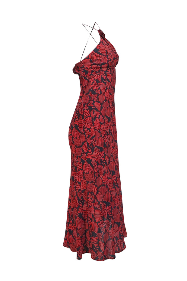 Rixo - Black & Red Print Silk Blend Halter Neck Dress Sz 4 - Current Boutique