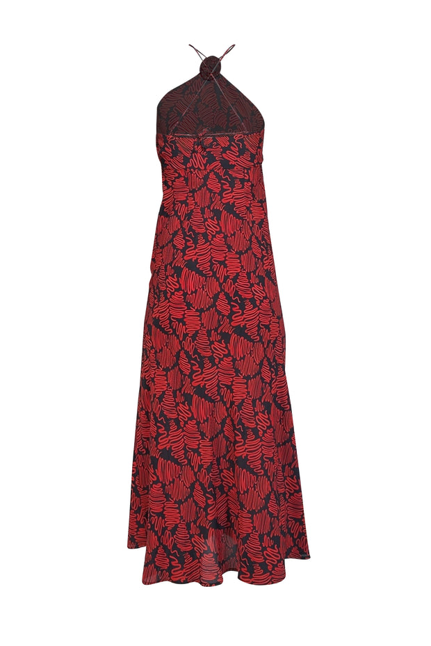 Rixo - Black & Red Print Silk Blend Halter Neck Dress Sz 4 - Current Boutique