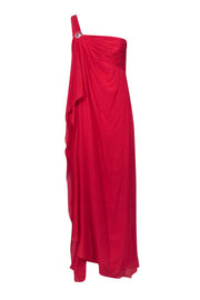 Current Boutique-Roberto Cavalli - Ruffled Fuchsia One Shoulder Gown w/ Rhinestone Snake Brooch Sz 10