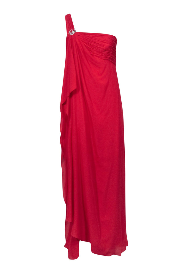 Current Boutique-Roberto Cavalli - Ruffled Fuchsia One Shoulder Gown w/ Rhinestone Snake Brooch Sz 10
