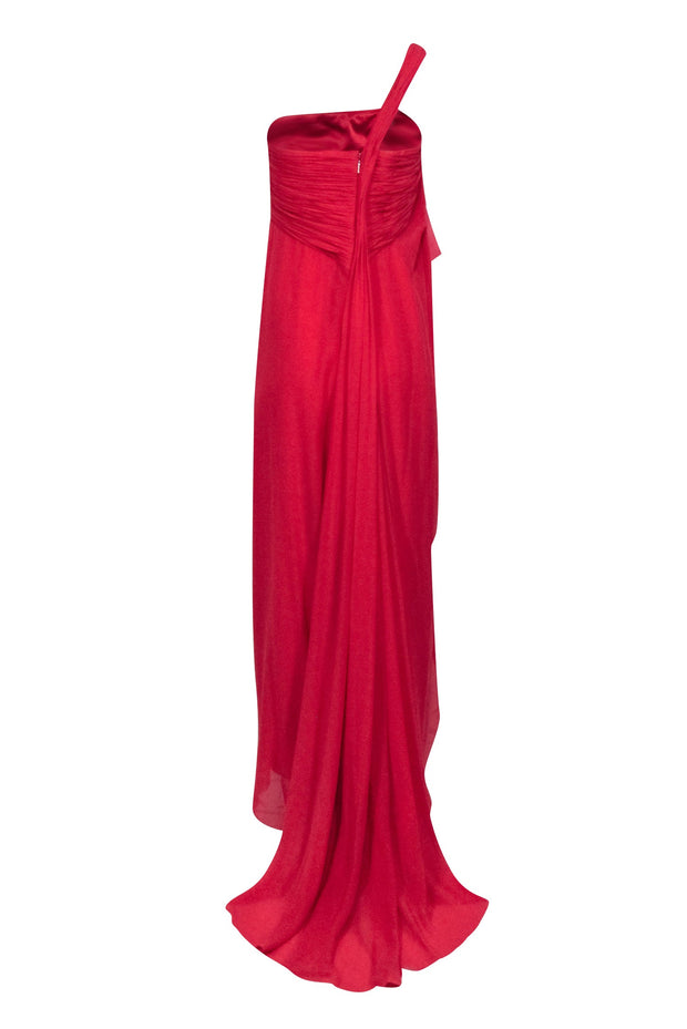 Current Boutique-Roberto Cavalli - Ruffled Fuchsia One Shoulder Gown w/ Rhinestone Snake Brooch Sz 10