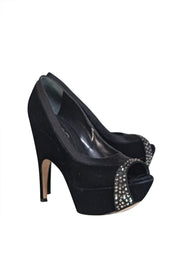 Rodo - Black Satin & Velvet Peep Toe Platform Pumps Sz 9 - Current Boutique