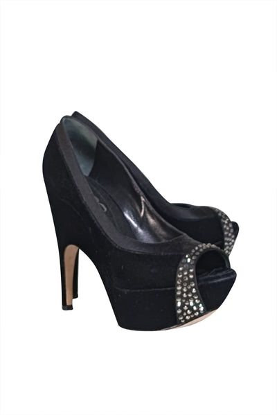 Rodo - Black Satin & Velvet Peep Toe Platform Pumps Sz 9 - Current Boutique
