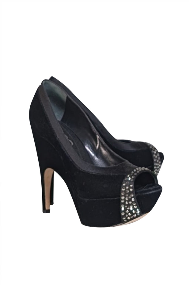 Rodo - Black Satin & Velvet Peep Toe Platform Pumps Sz 9 - Current Boutique
