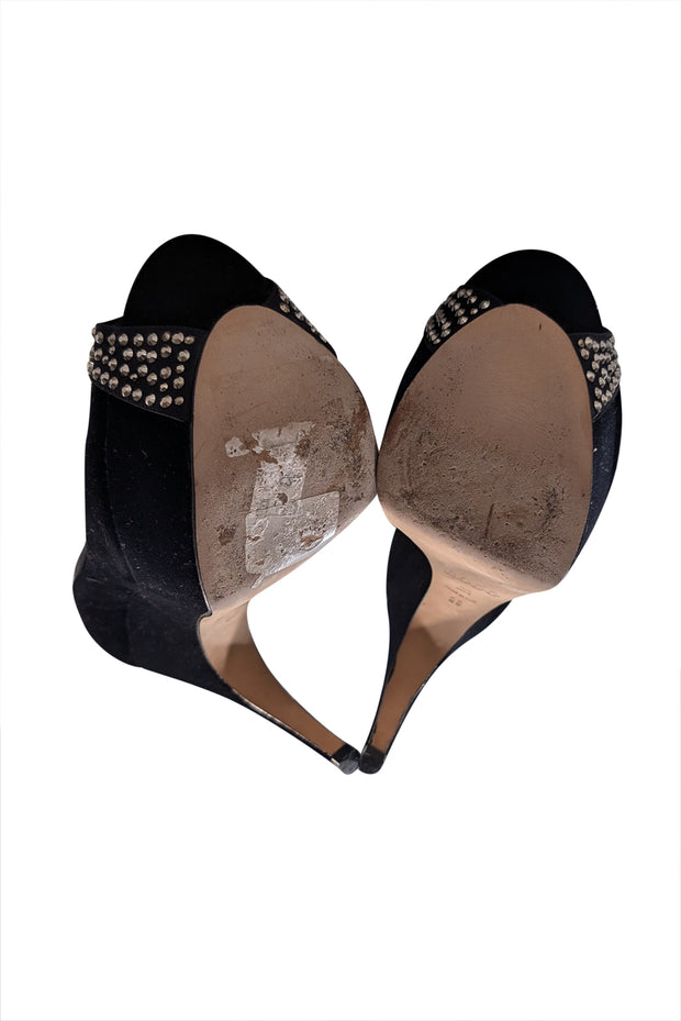 Rodo - Black Satin & Velvet Peep Toe Platform Pumps Sz 9 - Current Boutique