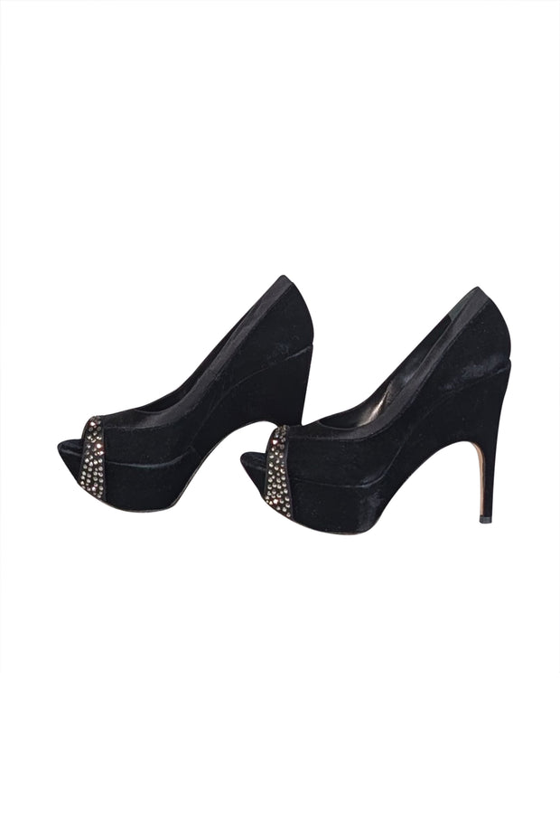 Rodo - Black Satin & Velvet Peep Toe Platform Pumps Sz 9 - Current Boutique