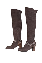 Rodo - Brown Suede Tall Boots w/ Silver Chain Ankle Trim Sz 9 - Current Boutique
