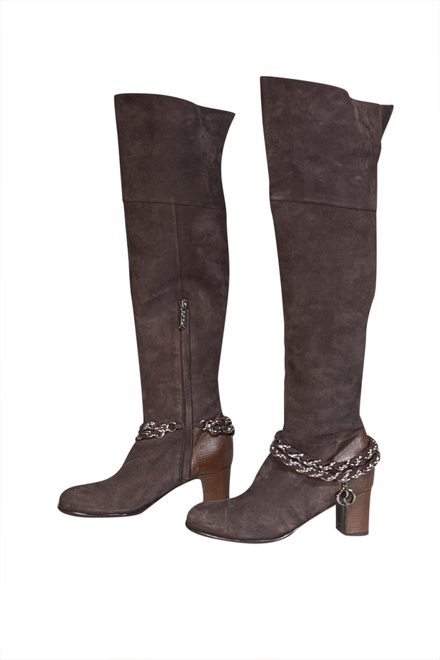 Rodo - Brown Suede Tall Boots w/ Silver Chain Ankle Trim Sz 9 - Current Boutique
