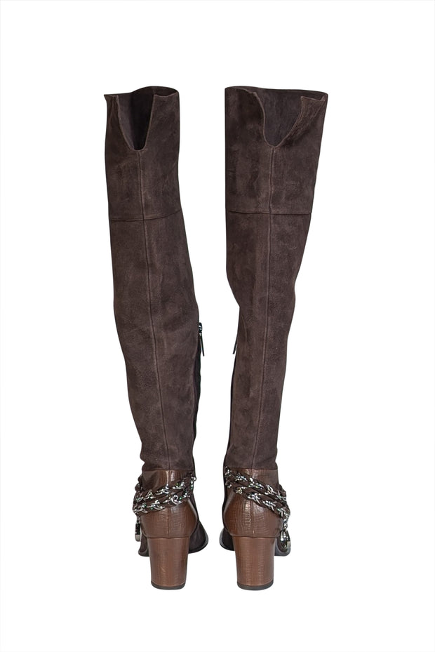 Rodo - Brown Suede Tall Boots w/ Silver Chain Ankle Trim Sz 9 - Current Boutique