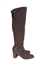 Rodo - Brown Suede Tall Boots w/ Silver Chain Ankle Trim Sz 9 - Current Boutique