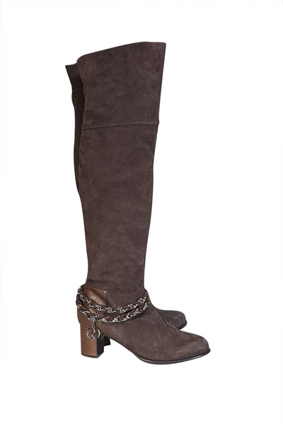 Rodo - Brown Suede Tall Boots w/ Silver Chain Ankle Trim Sz 9 - Current Boutique